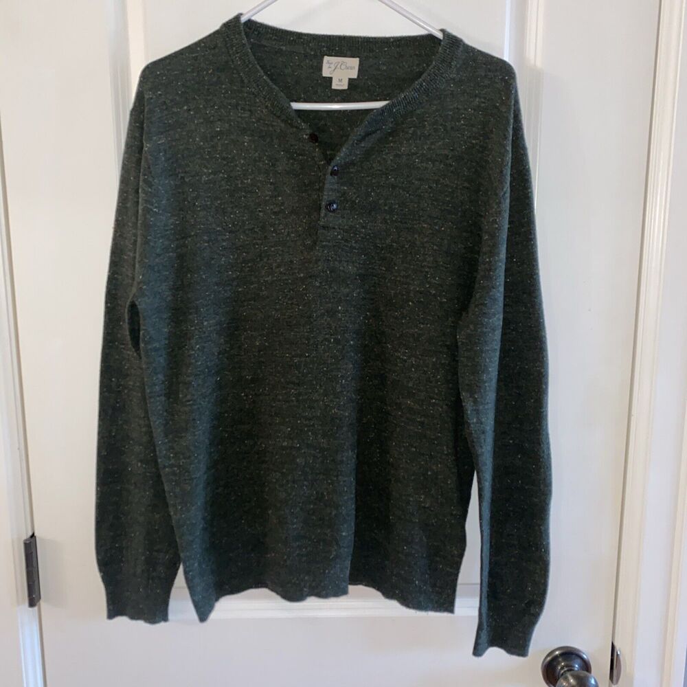 J Crew Henley Sweater Mens medium Heather Green Knit Long Sleeve Crew Neck‎